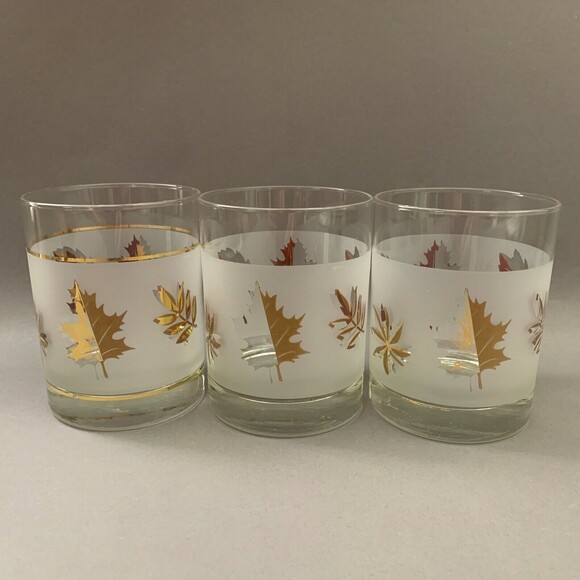 Libbey Double Old Fashioned Frost Gold Leaves Glasses 4 1/8" High Lot of 3 - Picture 3 of 10